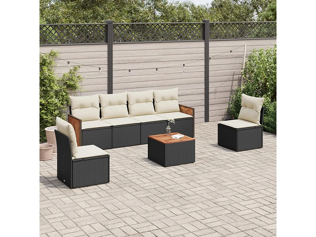 Salon de jardin 7 pcs avec coussins noir résine tressée