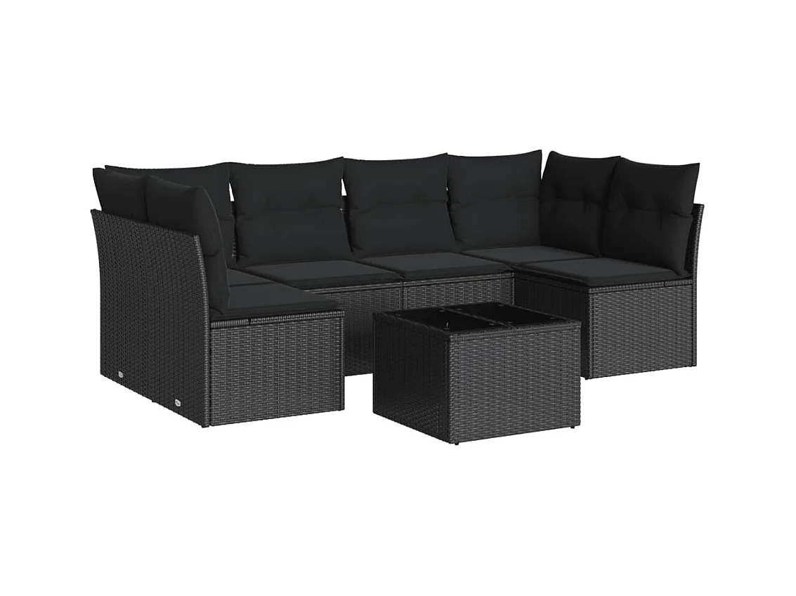 Salon de jardin 7 pcs avec coussins noir résine tressée