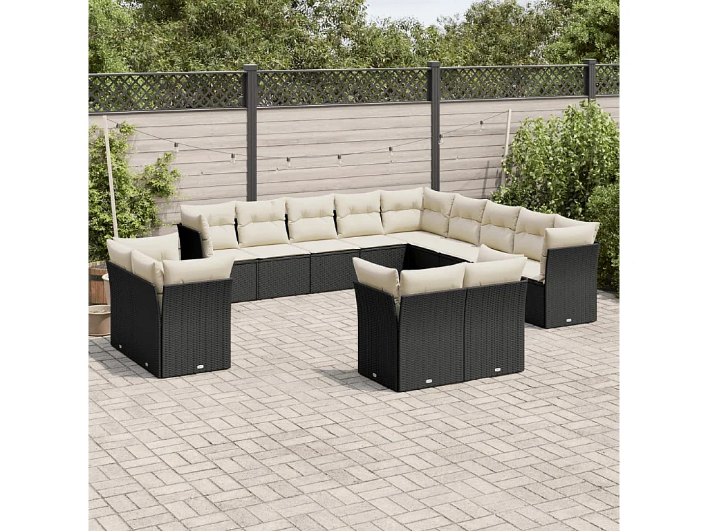 Salon de jardin avec coussins 13 pcs noir résine tressée