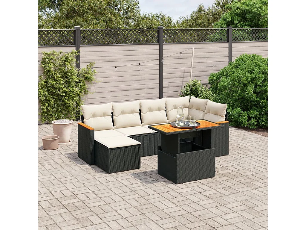 Salon de jardin 7 pcs avec coussins noir résine tressée