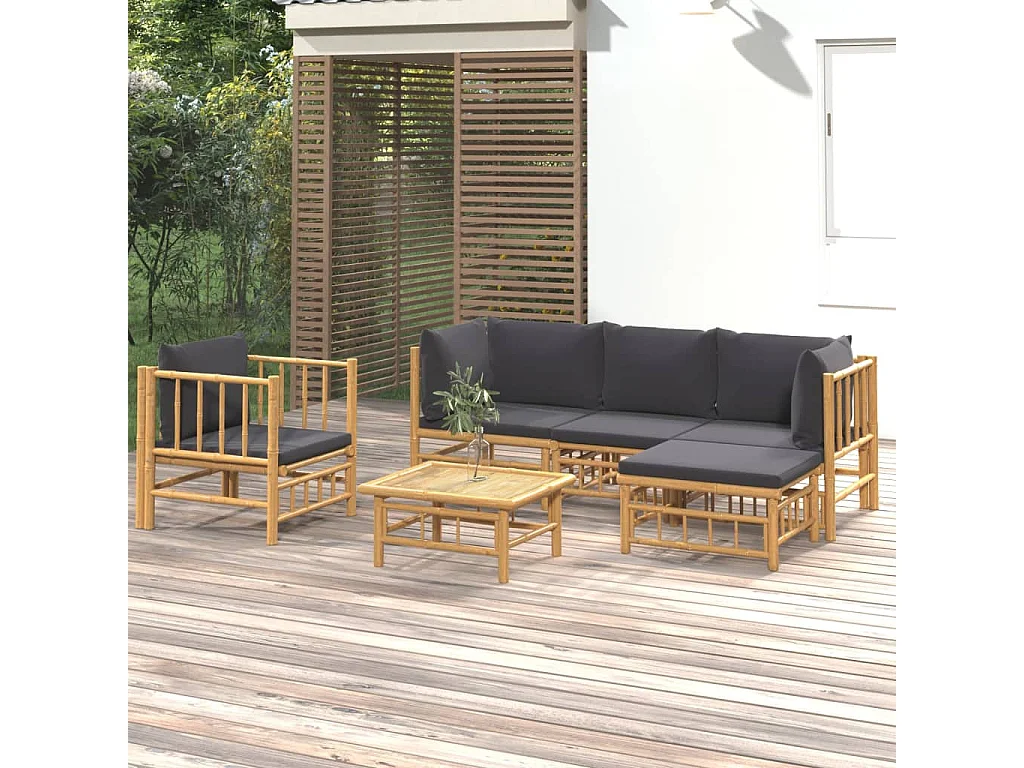 vidaXL Set de muebles de jardín 6 piezas bambú con cojines gris oscuro Marrón