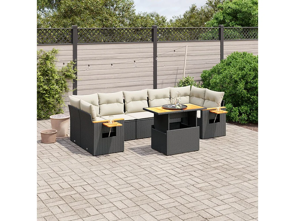 Salon de jardin 8 pcs avec coussins noir résine tressée