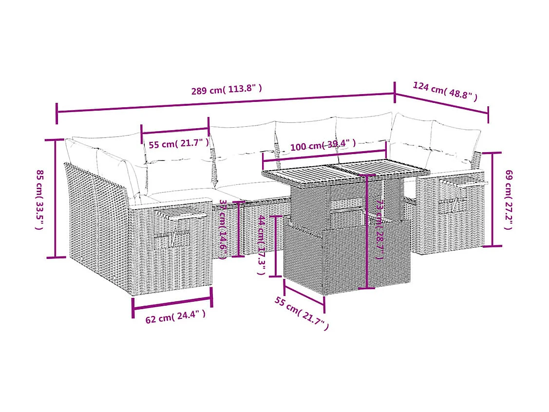Salon de jardin 8 pcs avec coussins noir résine tressée