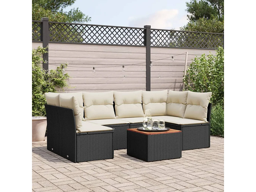 Salon de jardin 7 pcs avec coussins noir résine tressée