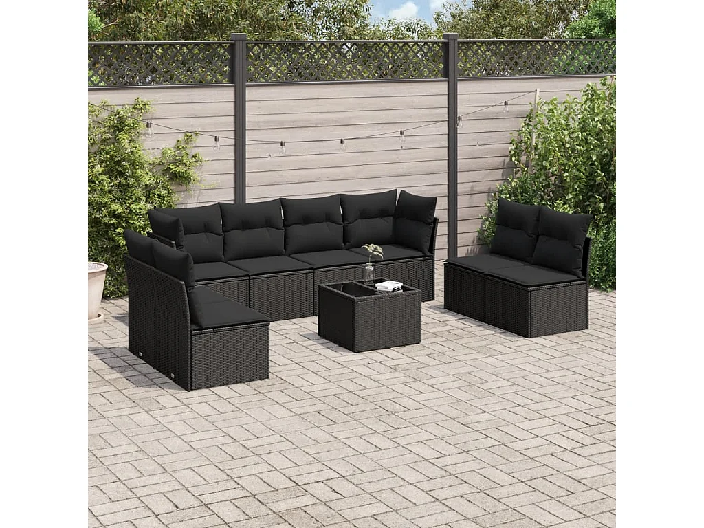 Salon de jardin 9 pcs avec coussins noir résine tressée