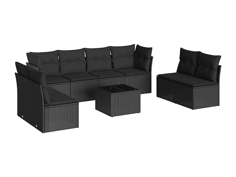 Salon de jardin 9 pcs avec coussins noir résine tressée