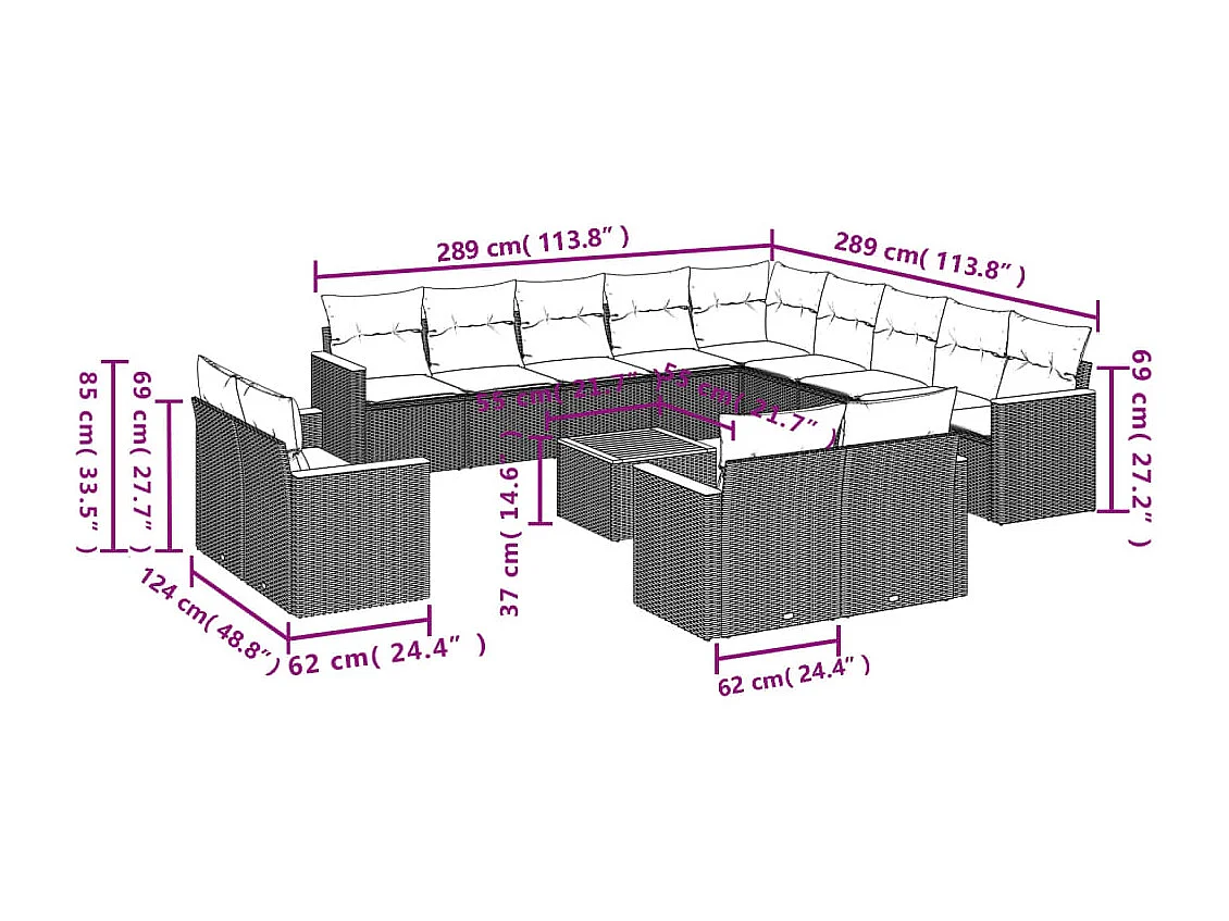 Salon de jardin avec coussins 14 pcs beige résine tressée