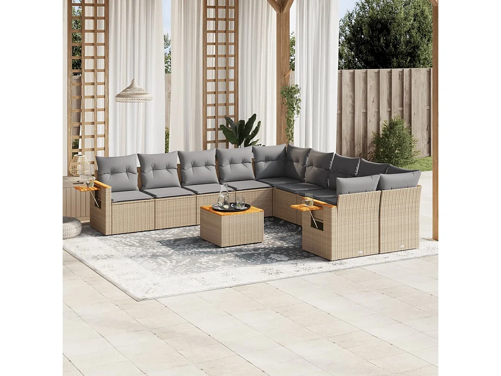 Salon de jardin 11 pcs avec coussins beige résine tressée
