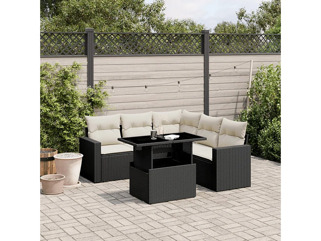 Salon de jardin 6 pcs avec coussins noir résine tressée
