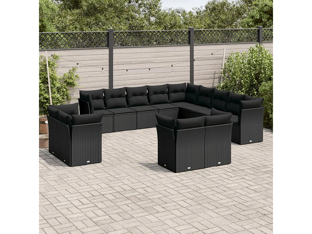 Salon de jardin avec coussins 13 pcs noir résine tressée