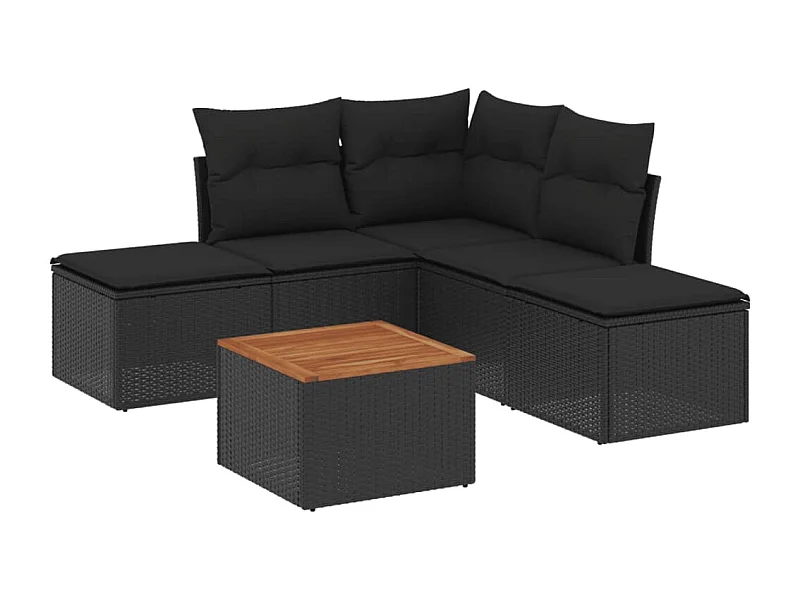 Salon de jardin 6 pcs avec coussins noir résine tressée