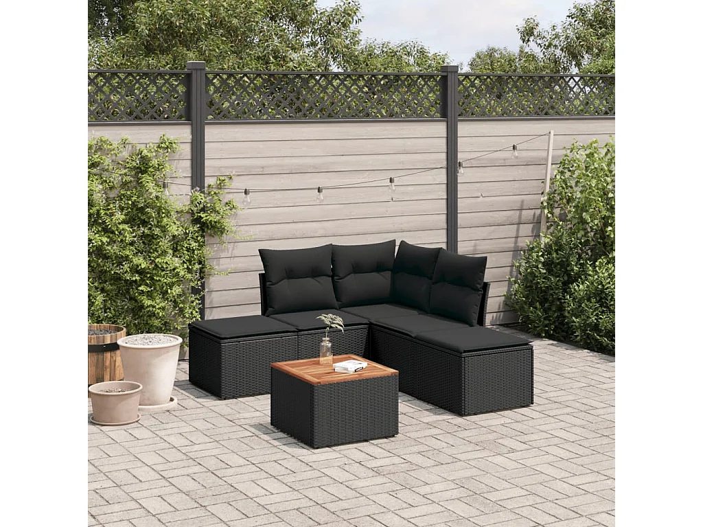 Salon de jardin 6 pcs avec coussins noir résine tressée