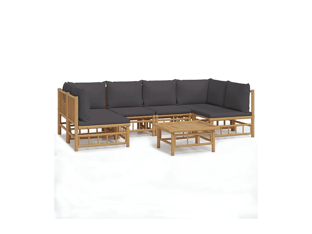 Salon de jardin 7 pcs avec coussins gris foncé bambou
