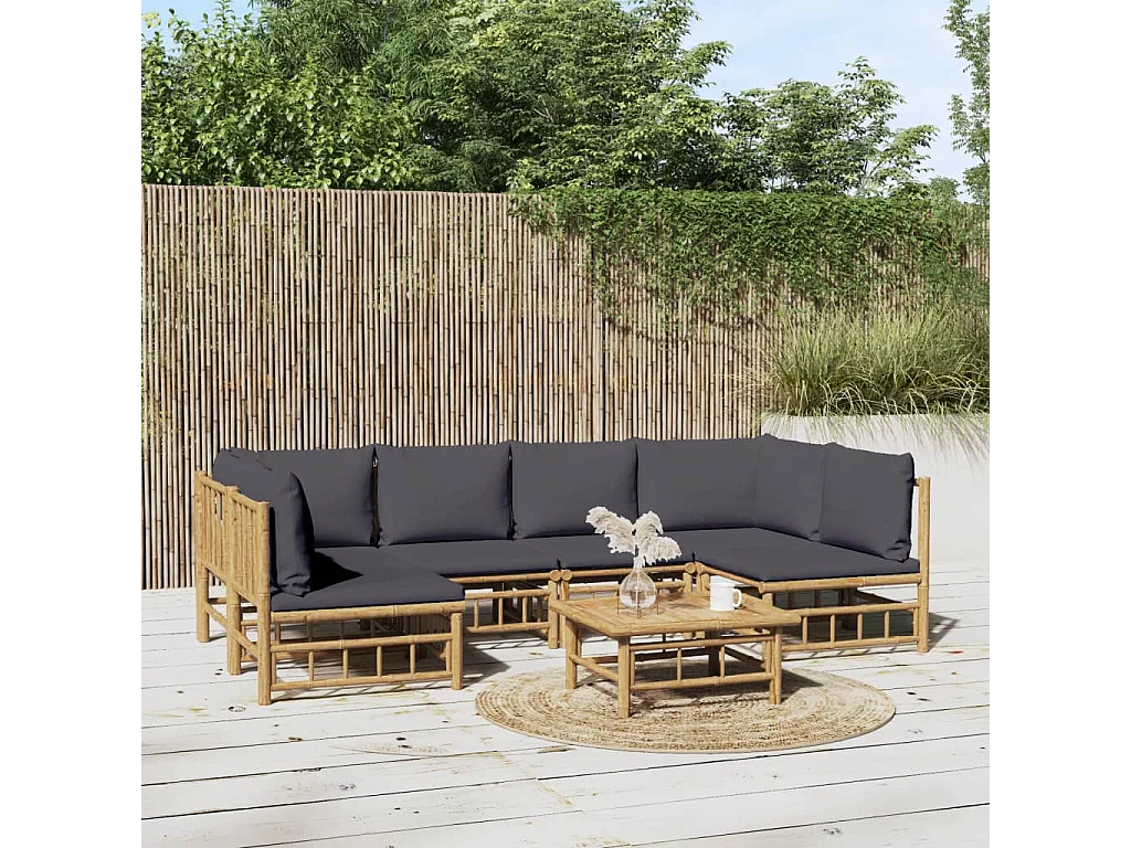 Salon de jardin 7 pcs avec coussins gris foncé bambou