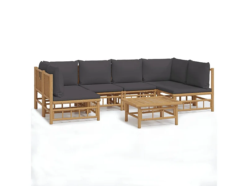 Salon de jardin 7 pcs avec coussins gris foncé bambou