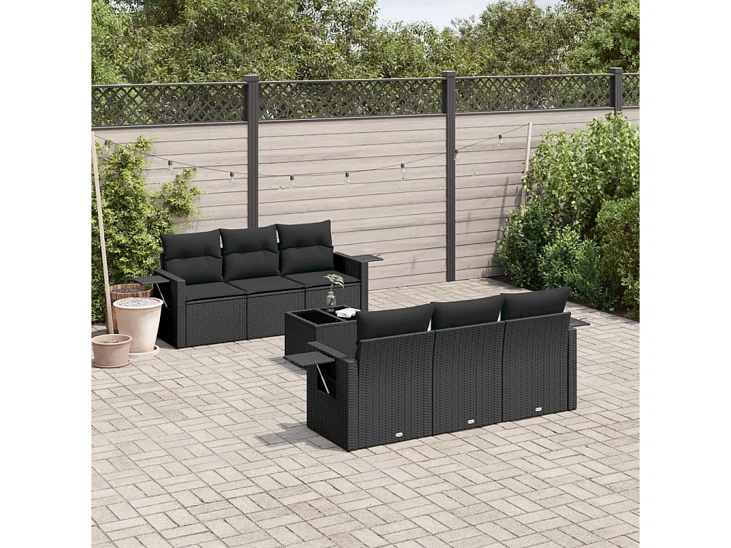Salon de jardin 7 pcs avec coussins noir résine tressée