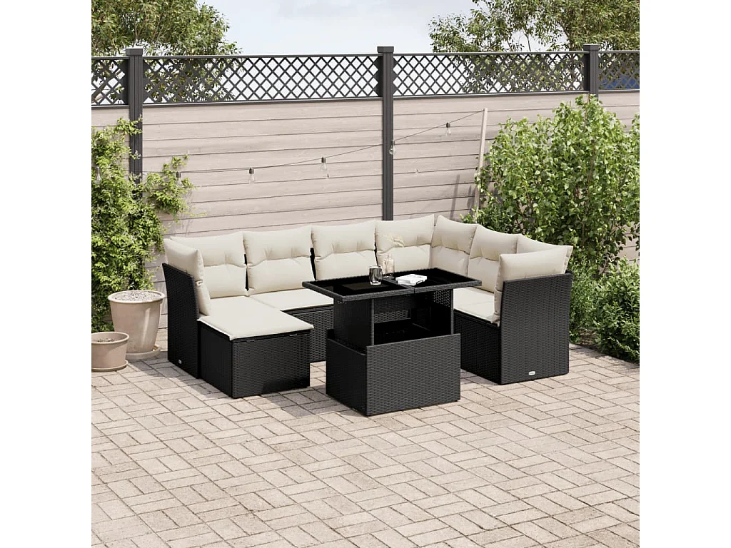 Salon de jardin 8 pcs avec coussins noir résine tressée