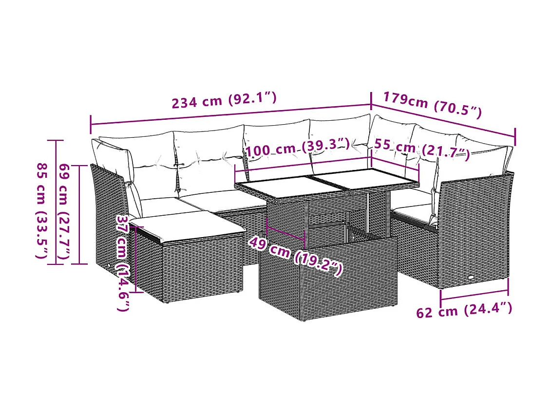 Salon de jardin 8 pcs avec coussins noir résine tressée