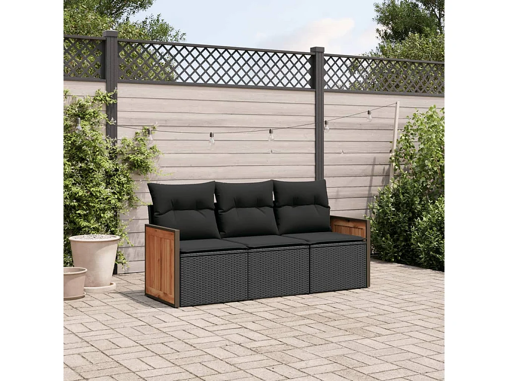 Salon de jardin 3 pcs avec coussins noir résine tressée