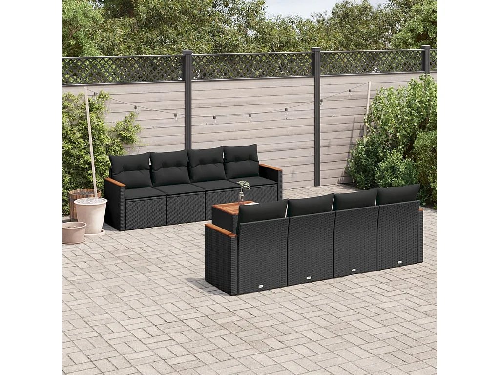 Salon de jardin 9 pcs avec coussins noir résine tressée