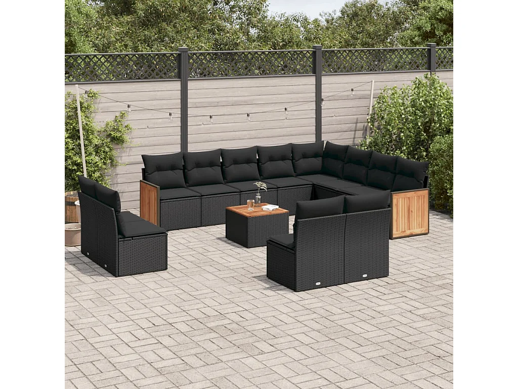 Salon de jardin avec coussins 13 pcs noir résine tressée