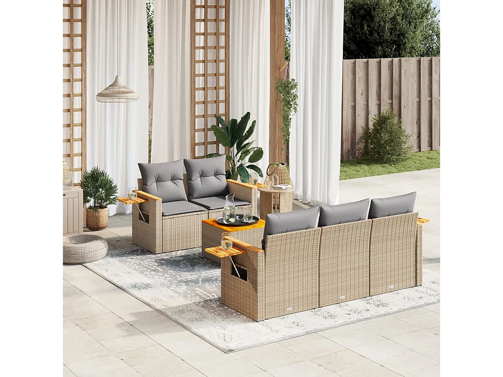 Salon de jardin avec coussins 6 pcs beige résine tressée
