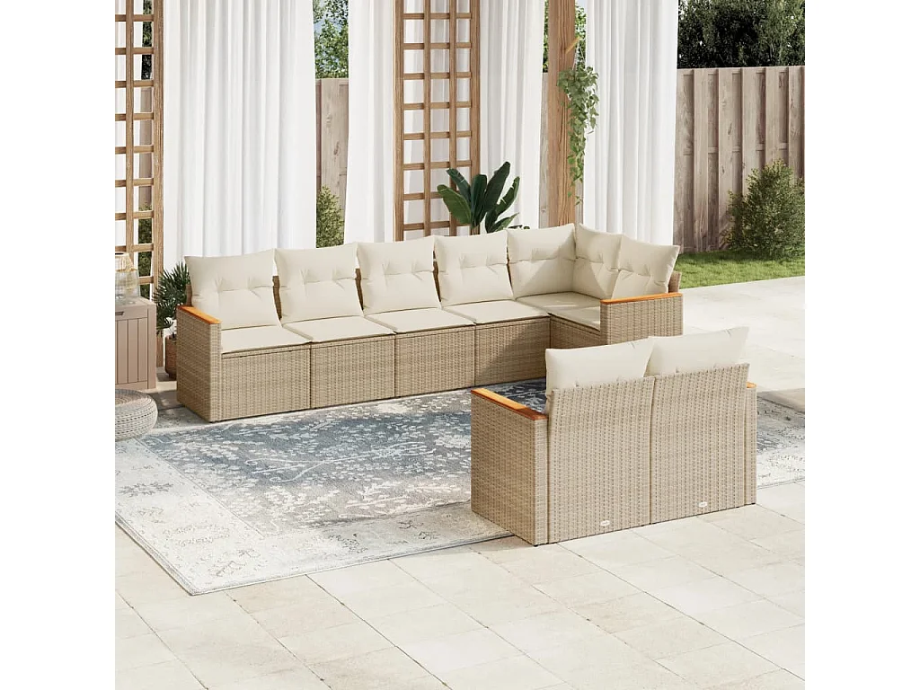 Salon de jardin avec coussins 8 pcs beige résine tressée