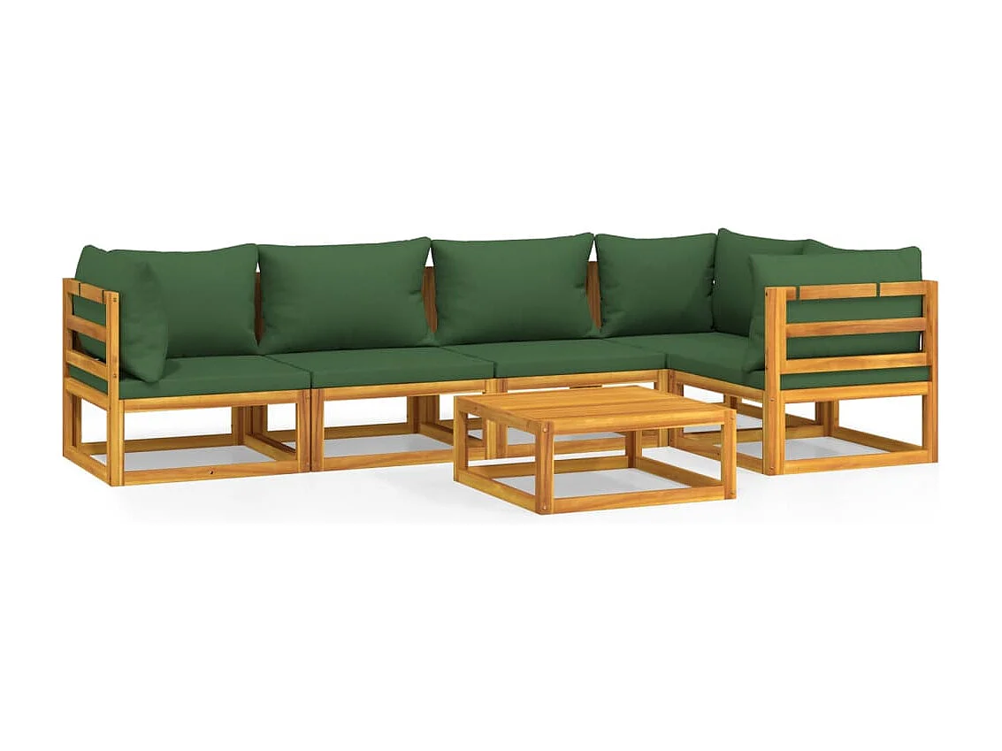 Salon de jardin 6 pcs avec coussins vert bois massif