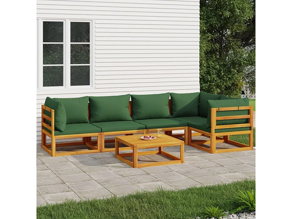 Salon de jardin 6 pcs avec coussins vert bois massif