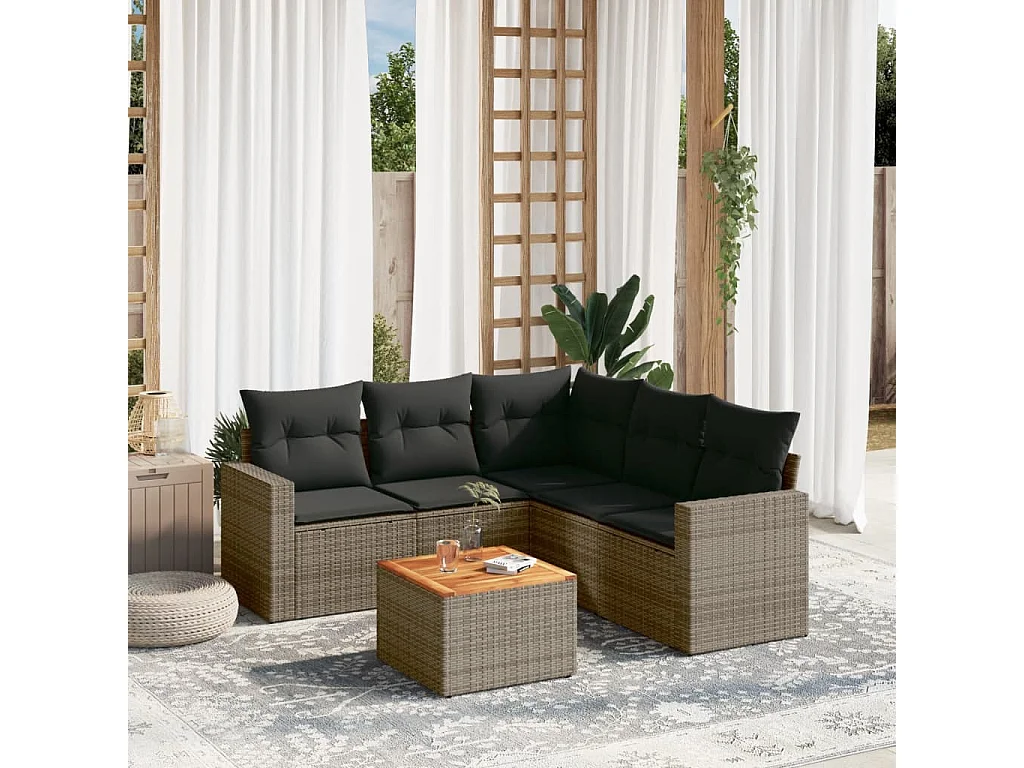 Salon de jardin 6 pcs avec coussins gris résine tressée