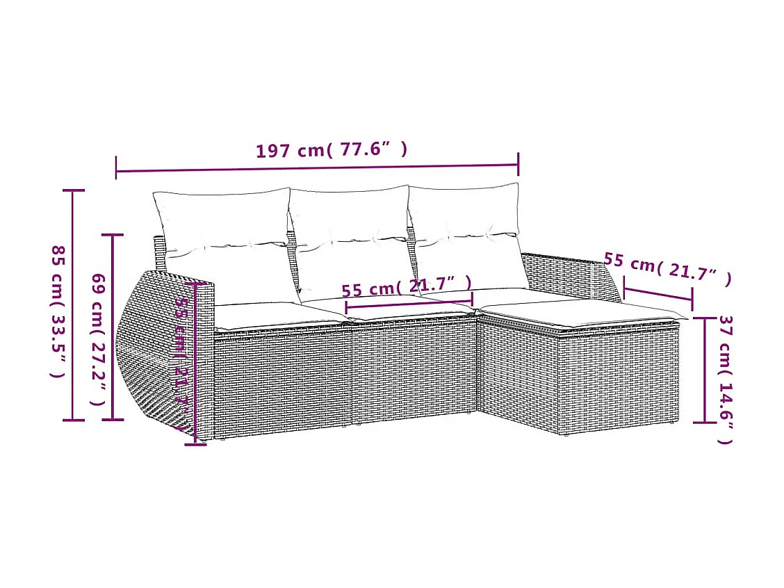Salon de jardin 4 pcs avec coussins gris résine tressée