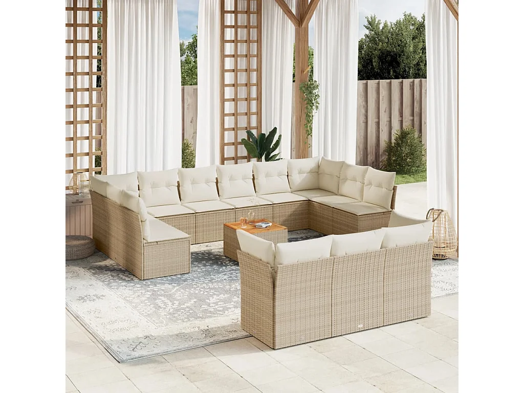 Salon de jardin avec coussins 14 pcs beige résine tressée