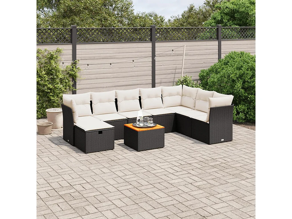 Salon de jardin 9 pcs avec coussins noir résine tressée