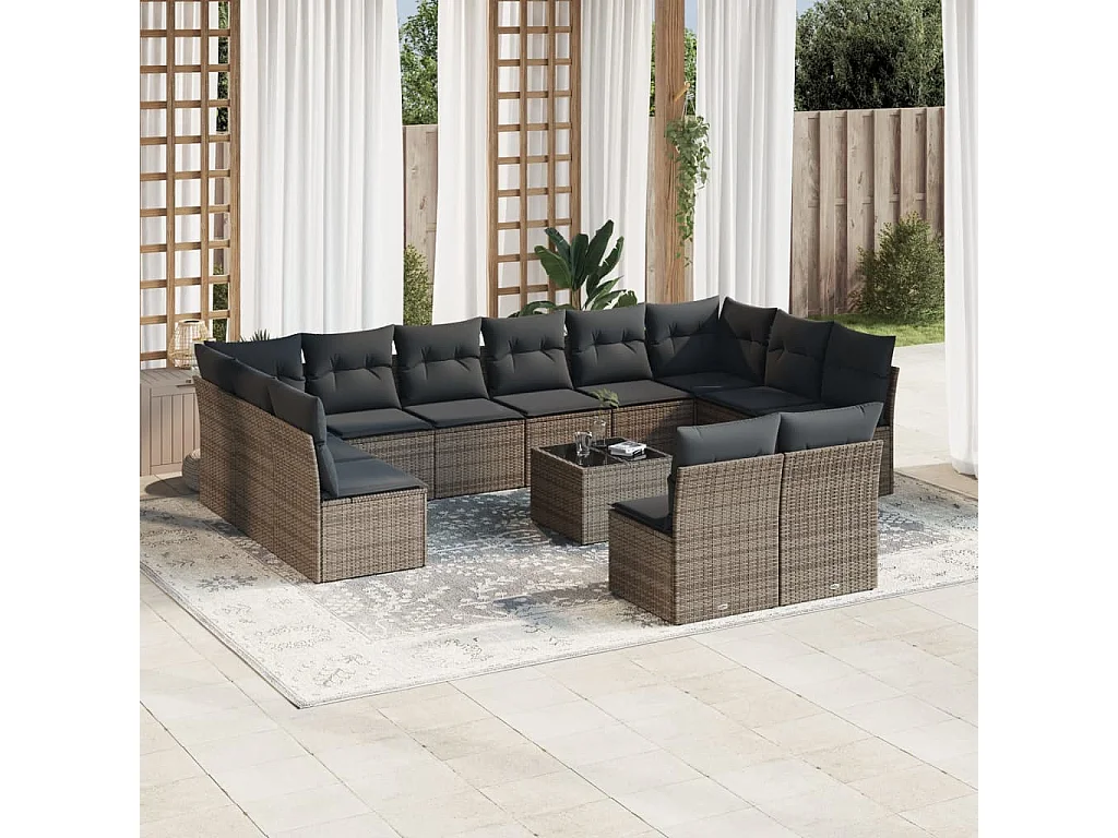 Salon de jardin avec coussins 13 pcs gris résine tressée