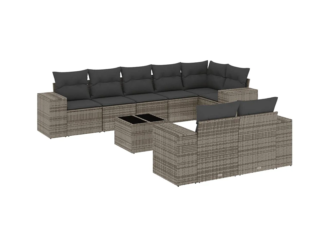 Salon de jardin 9 pcs avec coussins gris résine tressée