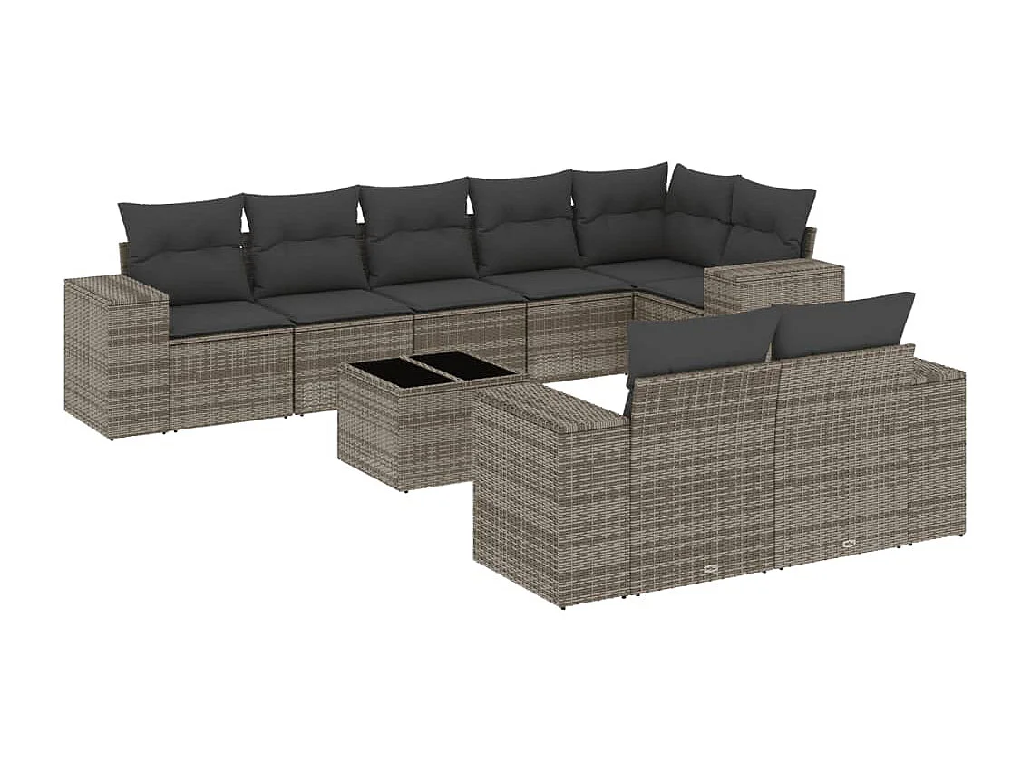 Salon de jardin 9 pcs avec coussins gris résine tressée