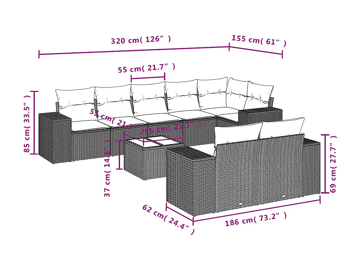 Salon de jardin 9 pcs avec coussins gris résine tressée