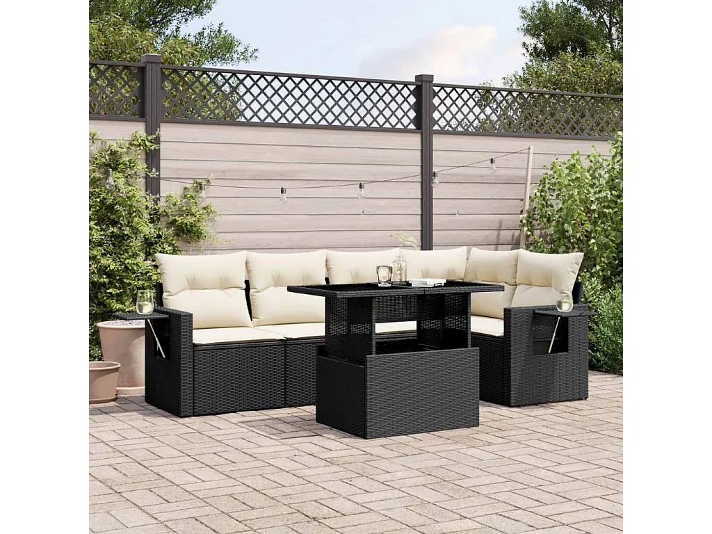 Salon de jardin 6 pcs avec coussins noir résine tressée