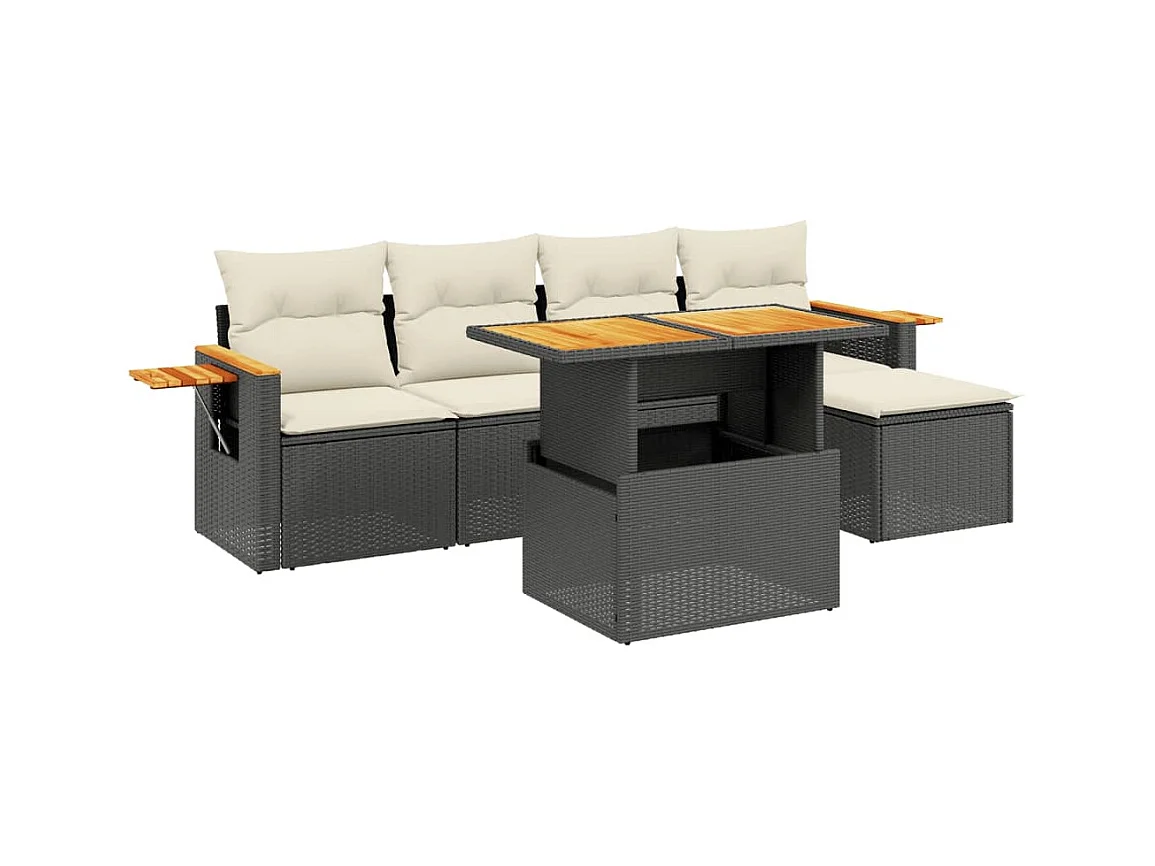Salon de jardin 6 pcs avec coussins noir résine tressée