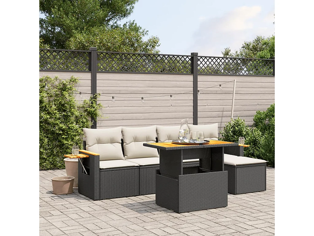 Salon de jardin 6 pcs avec coussins noir résine tressée