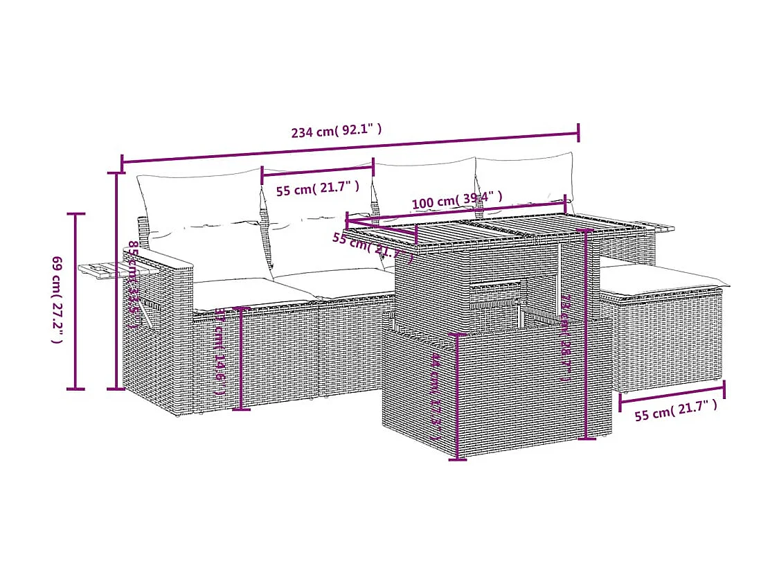 Salon de jardin 6 pcs avec coussins noir résine tressée