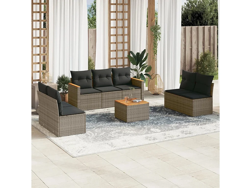 Salon de jardin 8 pcs avec coussins gris résine tressée