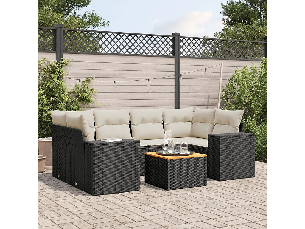 Salon de jardin 7 pcs avec coussins noir résine tressée