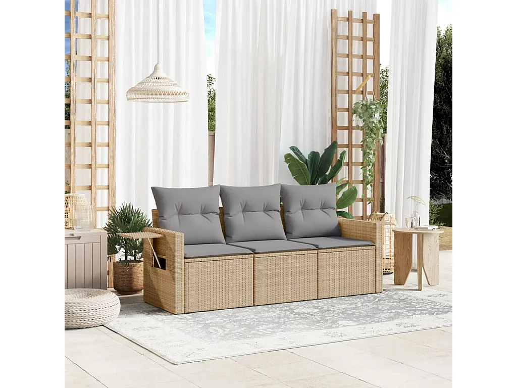 Salon de jardin avec coussins 3 pcs beige résine tressée