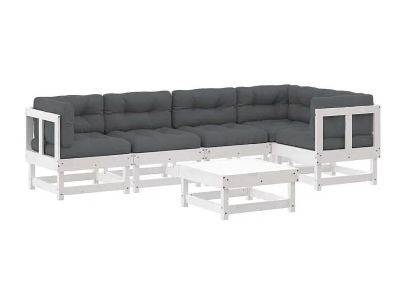 Salon de jardin 6 pcs avec coussins blanc bois massif
