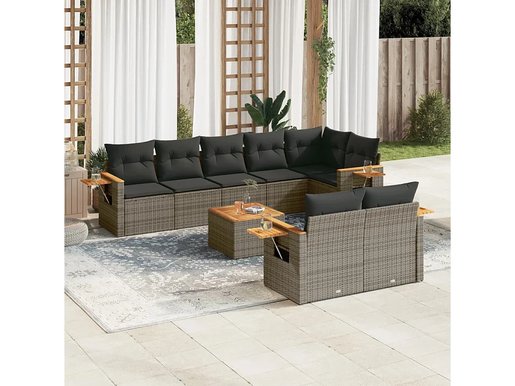 Salon de jardin 9 pcs avec coussins gris résine tressée