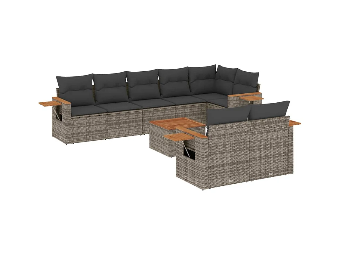 Salon de jardin 9 pcs avec coussins gris résine tressée