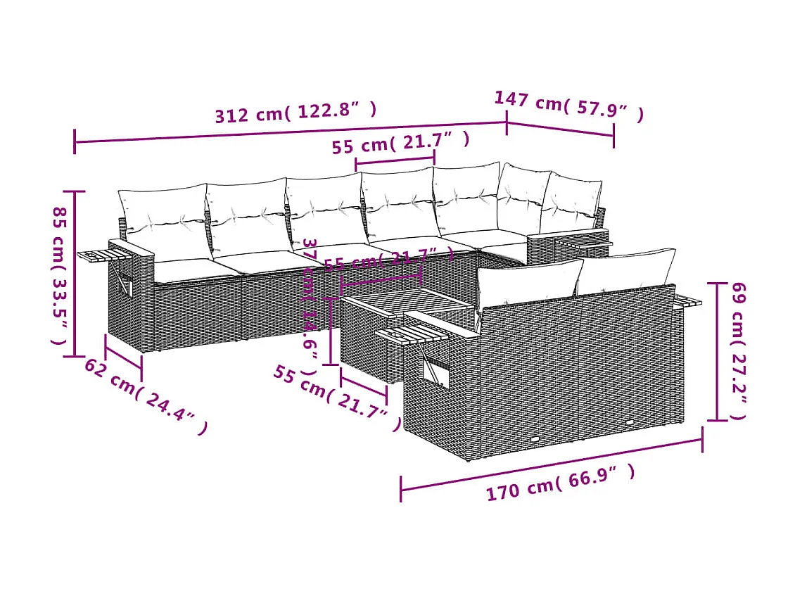 Salon de jardin 9 pcs avec coussins gris résine tressée