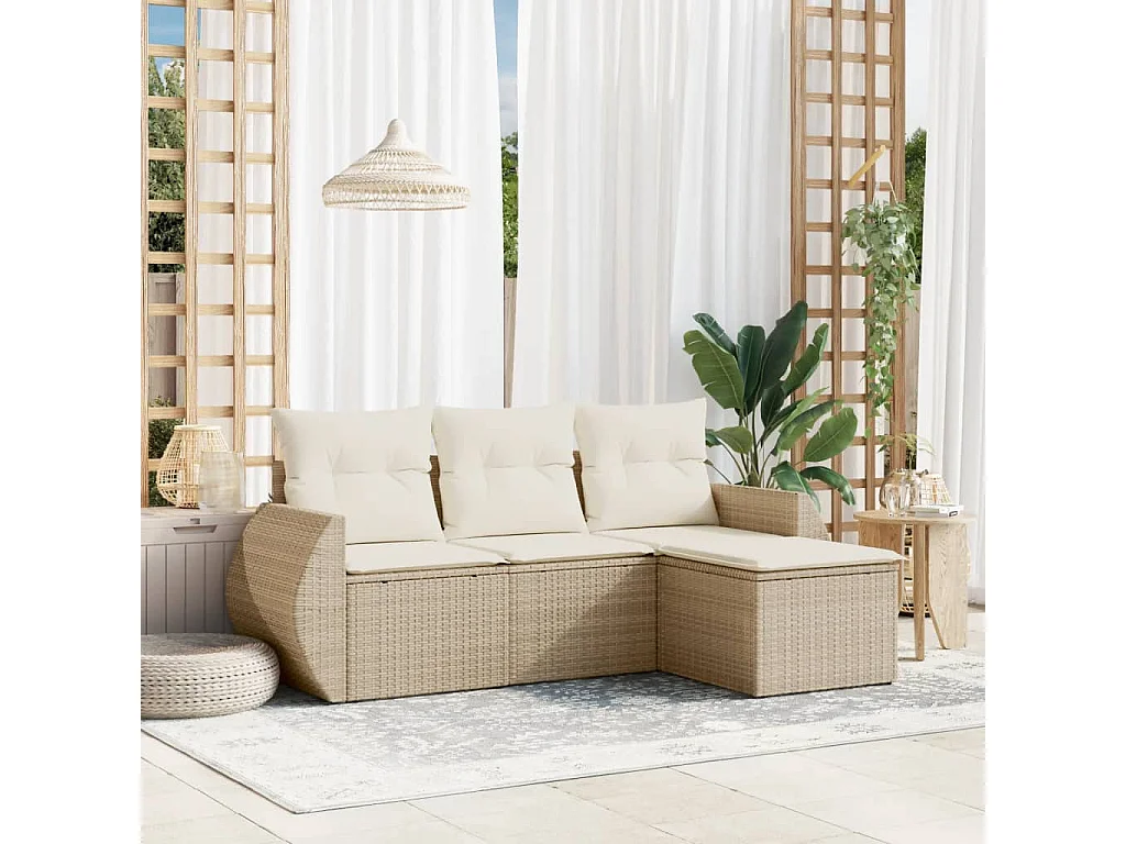 Salon de jardin avec coussins 4 pcs beige résine tressée
