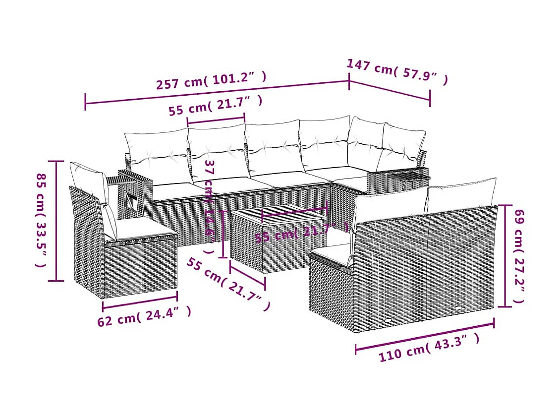 Salon de jardin 9 pcs avec coussins noir résine tressée